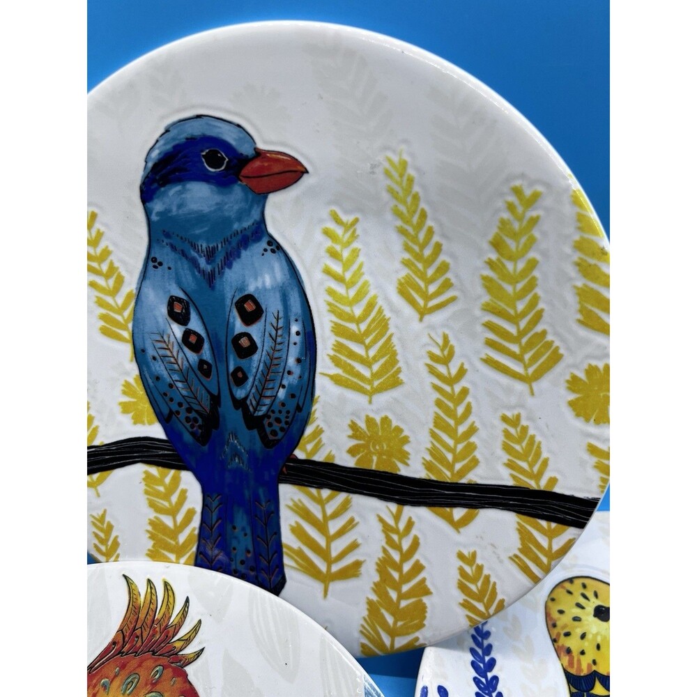 3 Pier 1 Tropical Bird Salad Plates 8" Stoneware Toucan Hummingbird bright happy - Picture 4 of 8
